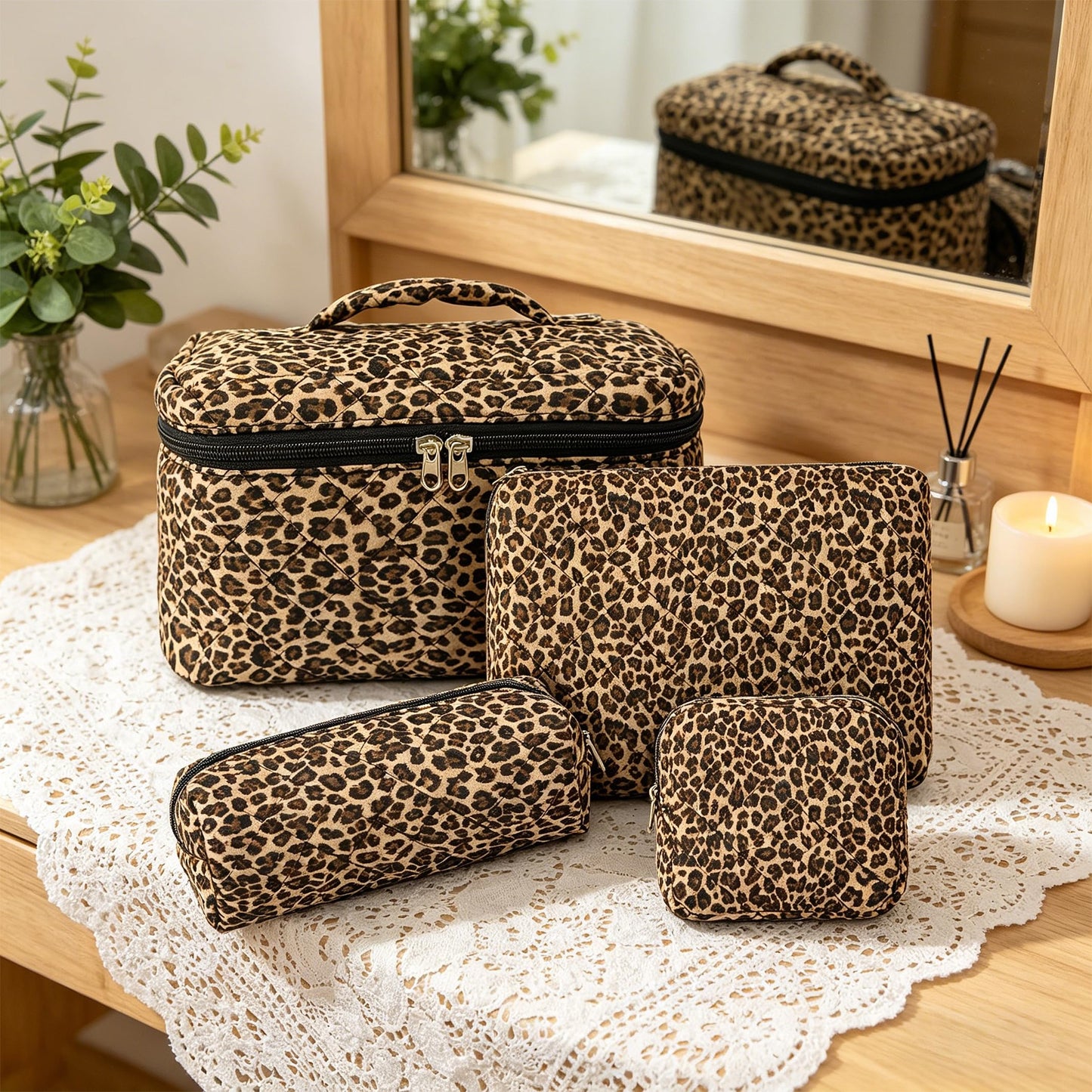 GISMTR 4Pcs Quilted Makeup Bag Set Cute Floral Cosmetic Bag Cotton Coquette Make up Bag Aesthetic Travel Toiletry Bag for Women Girls