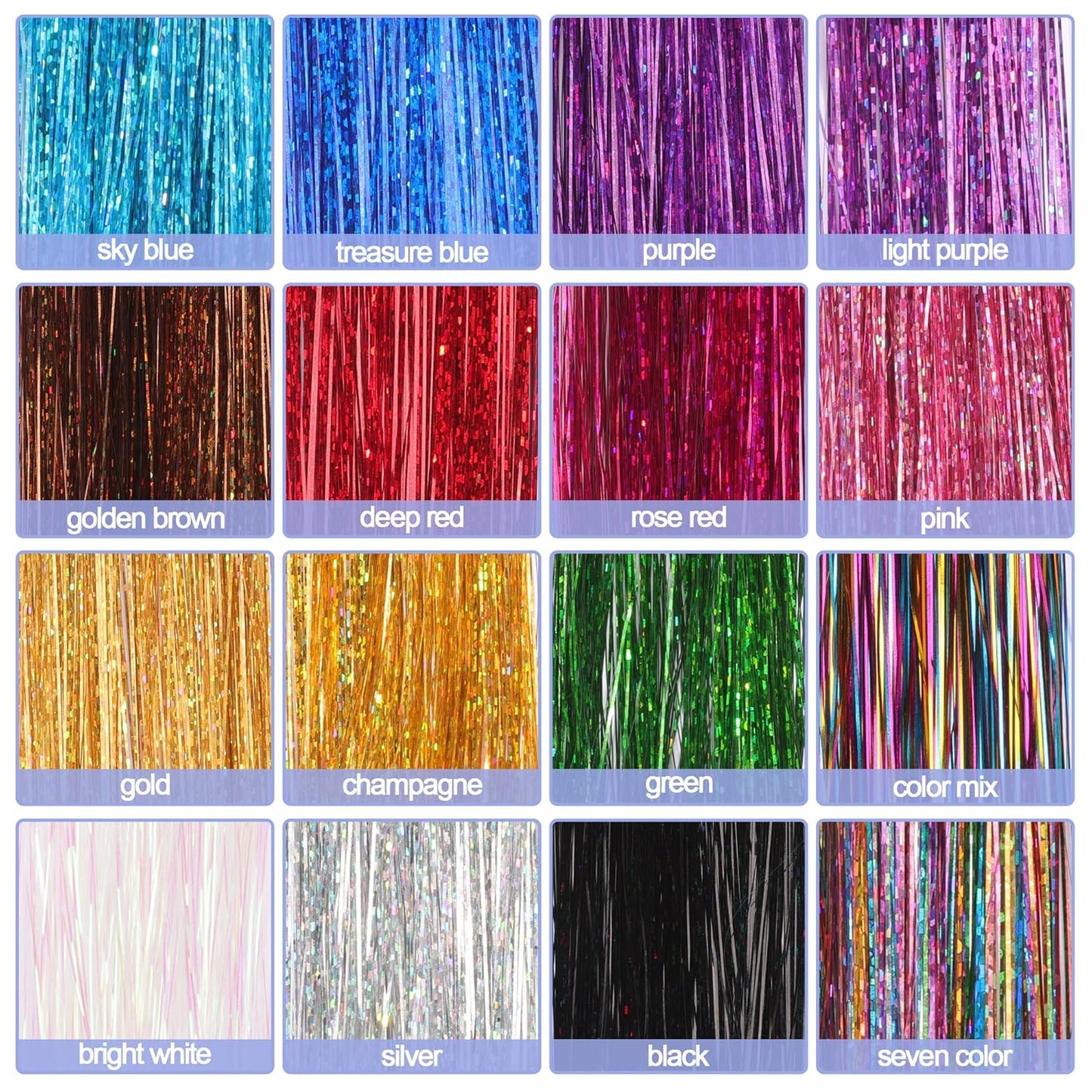16 Colors Hair Tinsel Kit, ELASO 48 Inches 3300 Strands Tinsel Hair Extensions, Fairy for Christmas Halloween Cosplay Party, Highlights Sparkling Glitter Hair