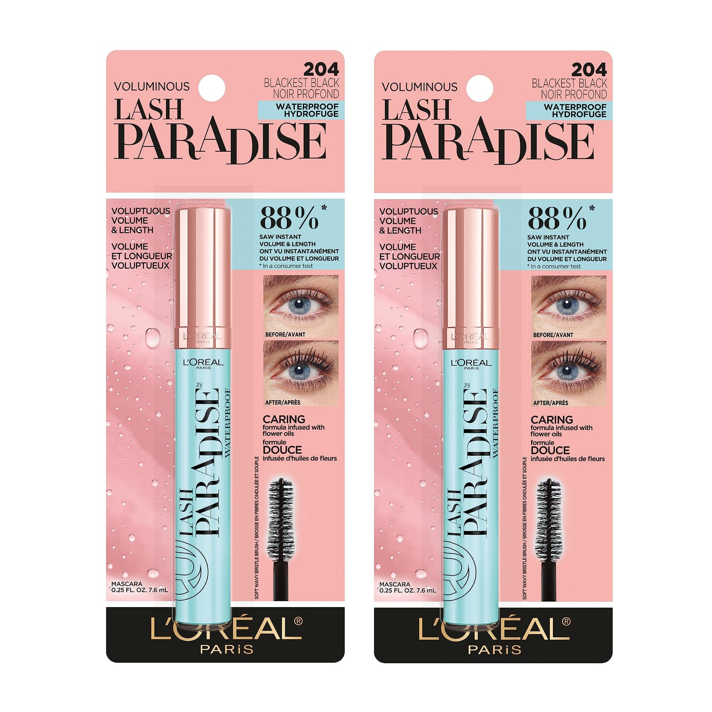 L'Oreal Paris Makeup Voluminous Lash Paradise Mascara, Voluptuous Volume, Intense Length, Feathery Soft Full Lashes, No Flaking, No Smudging, No Clumping, Blackest Black, 0.25 Fl Oz (Pack of 2)
