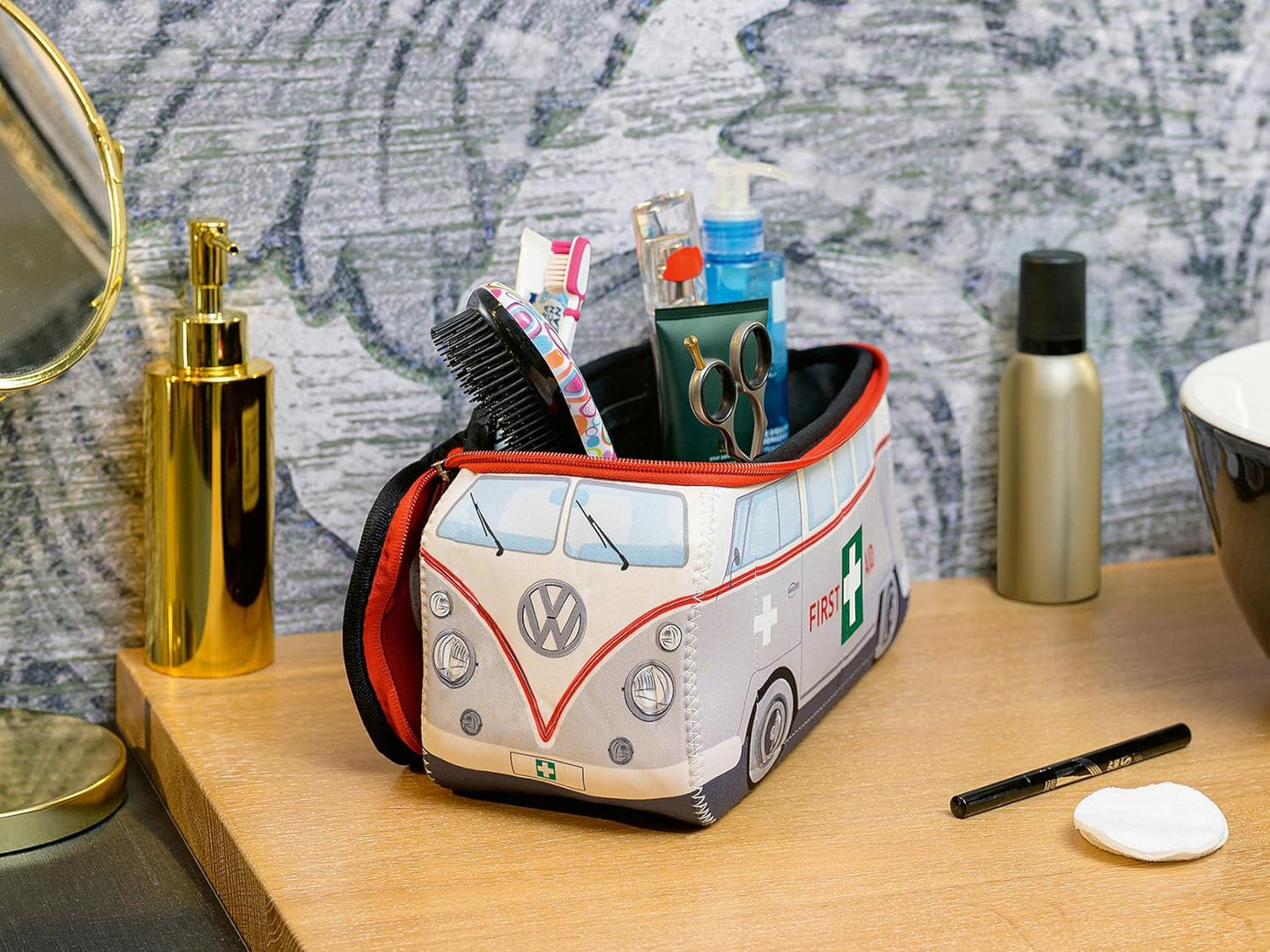 Volkswagen Neoprene Makeup Bag - Universal Toiletry Travel Organizer | T1 Bus Design (Large, Gray)