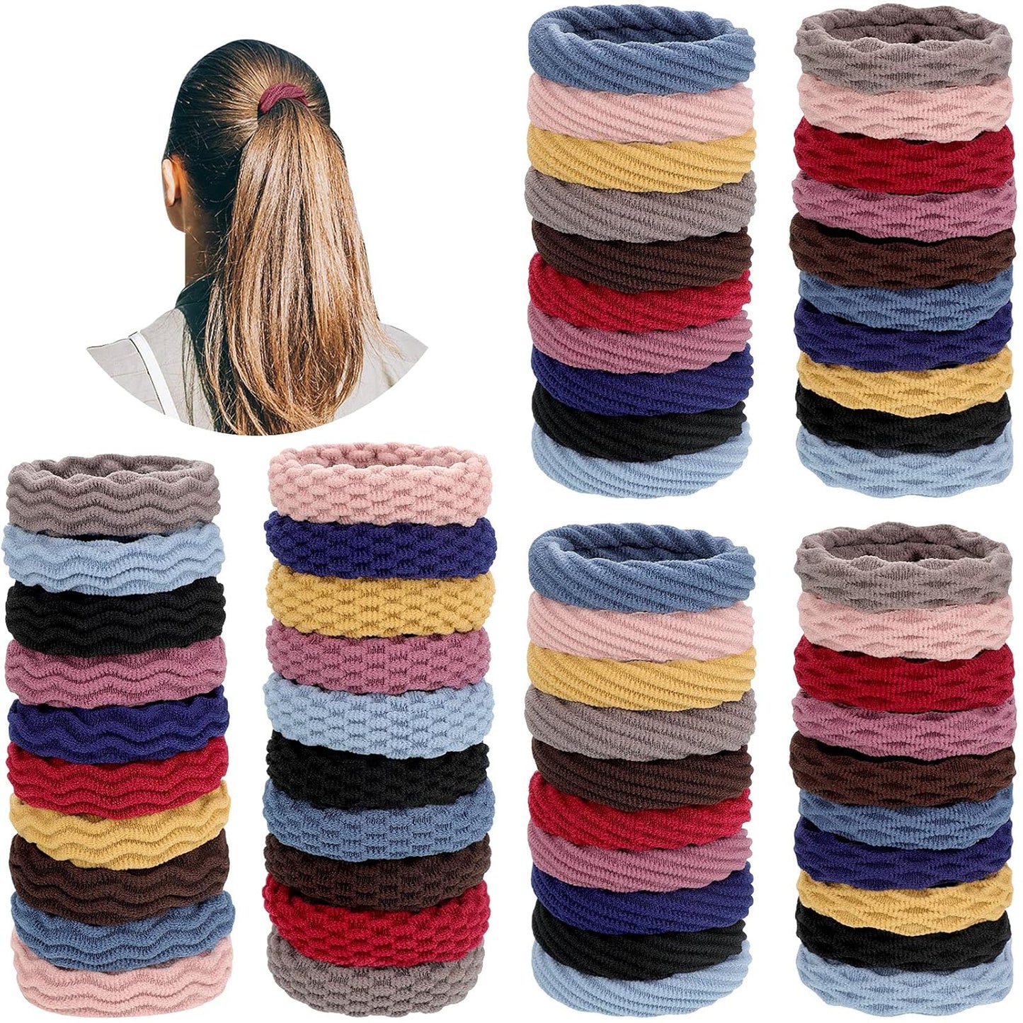 Seamless Hair Ties - 60 Cotton No-Crease Ponytail Holders for Thick Curly Hair