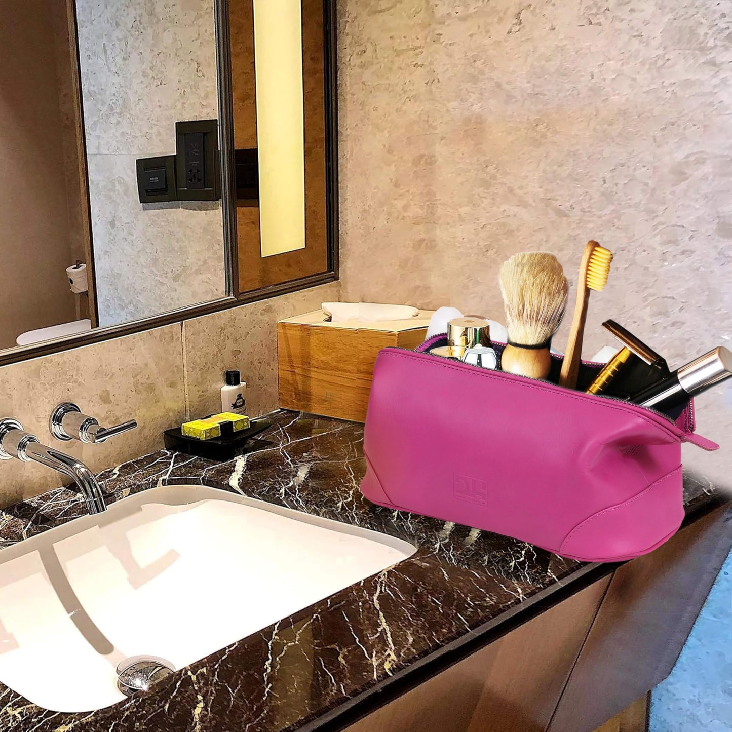 HLC Leather Toiletry Bag for Men Best Gift Premium Genuine Dopp Kit Shaving Kit Organizer Travel Kit Pouch Bag 10 inch Size (Pink)
