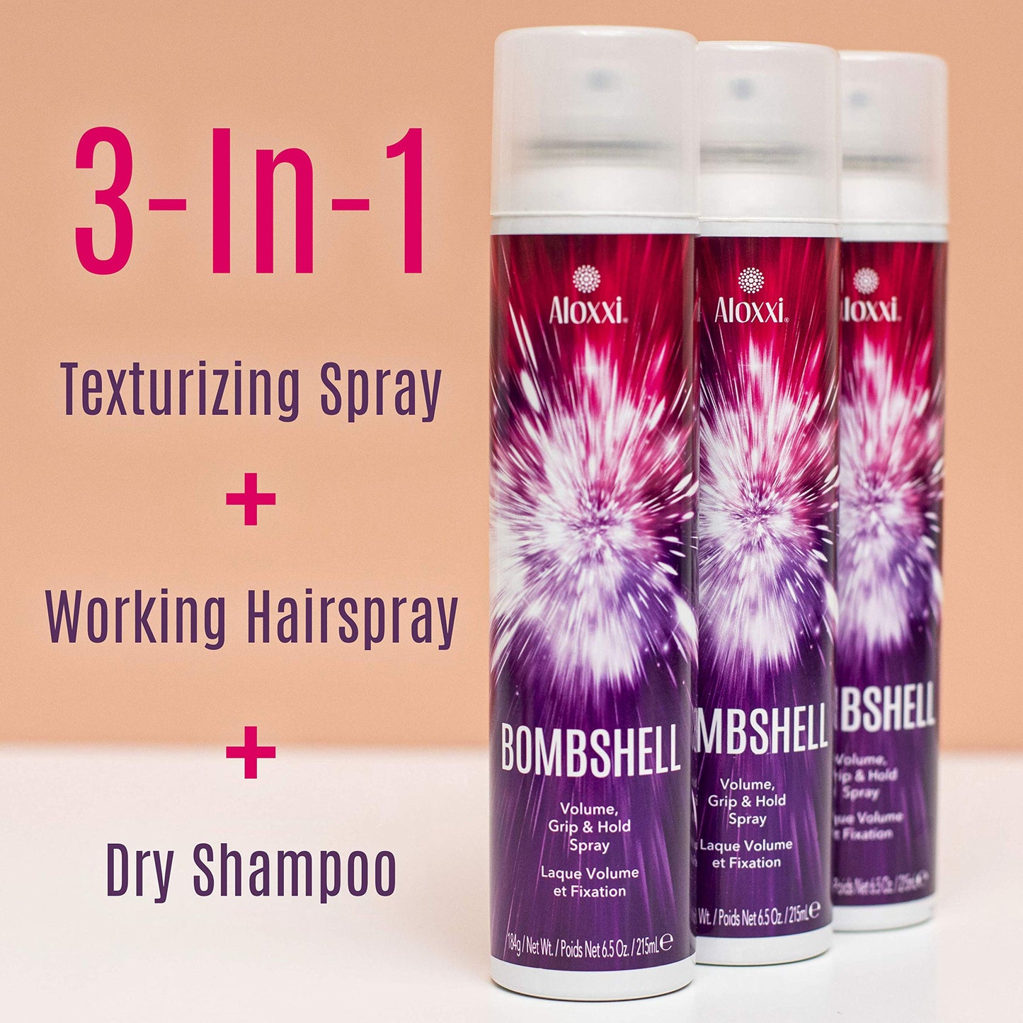 ALOXXI Bombshell Volumizing Grip Styler 3-in-1 Texturizing Hairspray & Dry Shampoo Adds Volume, Texture & Medium Hold Heat Protection up to 450F, 6.5 Oz
