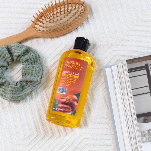 Desert Essence 100% Pure Jojoba Oil – 8 Fl Oz Moisturizer for Hair, Skin & Scalp | Makeup Remover & Aftershave Hydrator, Non-GMO, Vegan, Cold-Pressed, Anti-Flakiness & Non-Clogging Beauty Elixir