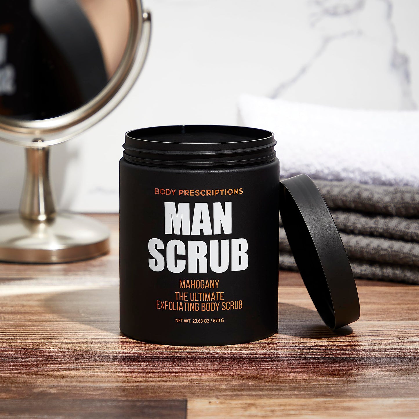 Body Prescriptions Men’s Exfoliating Body Scrub – Ultimate Skin Cleansing Wash in Jar with Twist-Top Lid, For All Skin Types, 21 Ounce (Pack of 4), Mahogany