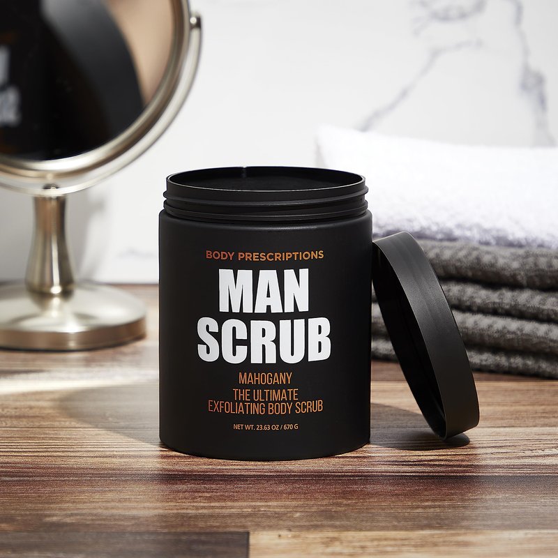 Body Prescriptions Men’s Exfoliating Body Scrub – Ultimate Skin Cleansing Wash in Jar with Twist-Top Lid, For All Skin Types, 21 Ounce (Pack of 4), Mahogany