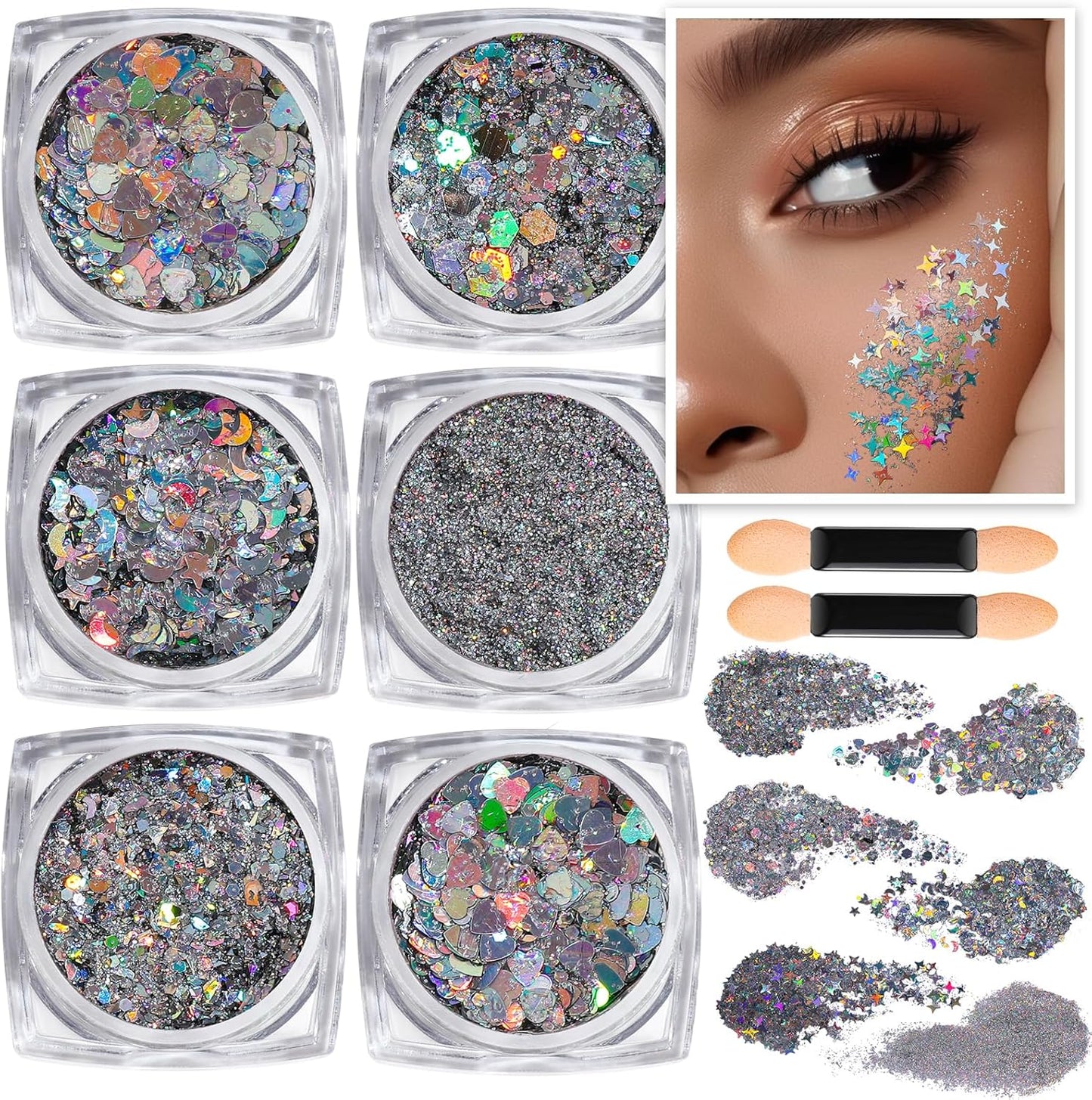 Teenitor Face Glitter Body Glitter, Clear White Body Glitter Gel, Hair Glitter Gel, 6 Shapes Rave Glitter, Mermaid Sequins Makeup Glitters Face Paint, Chunky Sparkling Glitter Gel for Women