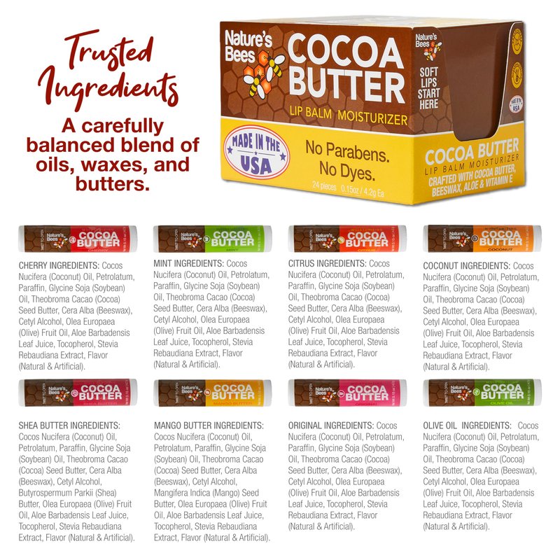 Nature's Bees, Cocoa Butter Flavored Lip Balm Tubes Set Bulk Assortment Chap Treatment Moisturizer For Dry Lips, Original Variety Assortment (Shea Butter, Original, Olive Oil, Mango Butter) - 48 Pack