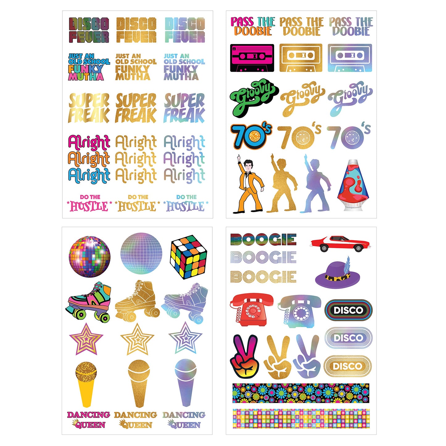 Disco Temporary Tattoo Set - 4 Sheets - 1970s Retro Disco Party Decorations, Favors and Supplies