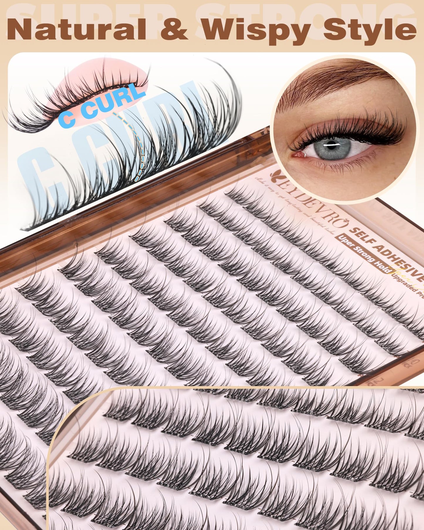 EYDEVRO Natural Self Adhesive Eyelashes Wispy Self Adhesive Lash Clusters No Glue Needed Eyelash Clusters Pre-glued Individual Lashes Up-graded 3.0 Self Adheisive Strip Strong Hold for 48+ Hours