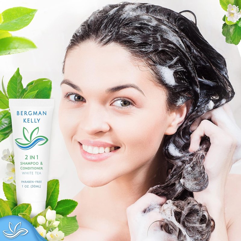 Bergman Kelly Travel Size 2-in-1 Shampoo & Conditioner | 1 fl oz White Tea - Refreshing Hotel Amenities in Bulk