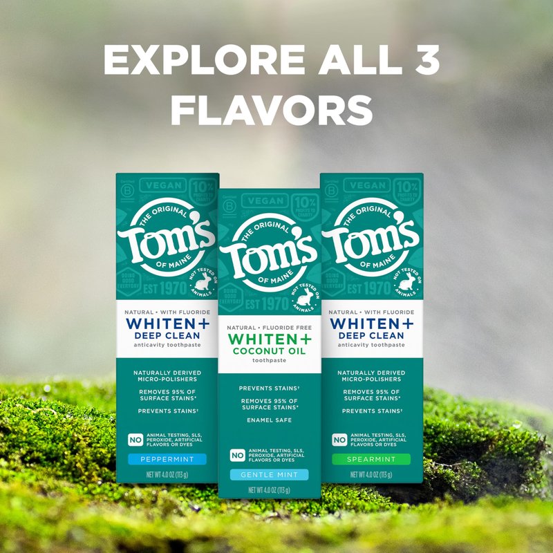 Tom’s of Maine Whiten Plus Coconut Oil Fluoride Free Toothpaste, Natural Whitening Toothpaste with Plant-Based Cleansers, Whitens Without Causing Sensitivity, Gentle Mint, 4.0 Oz (Pack of 3)