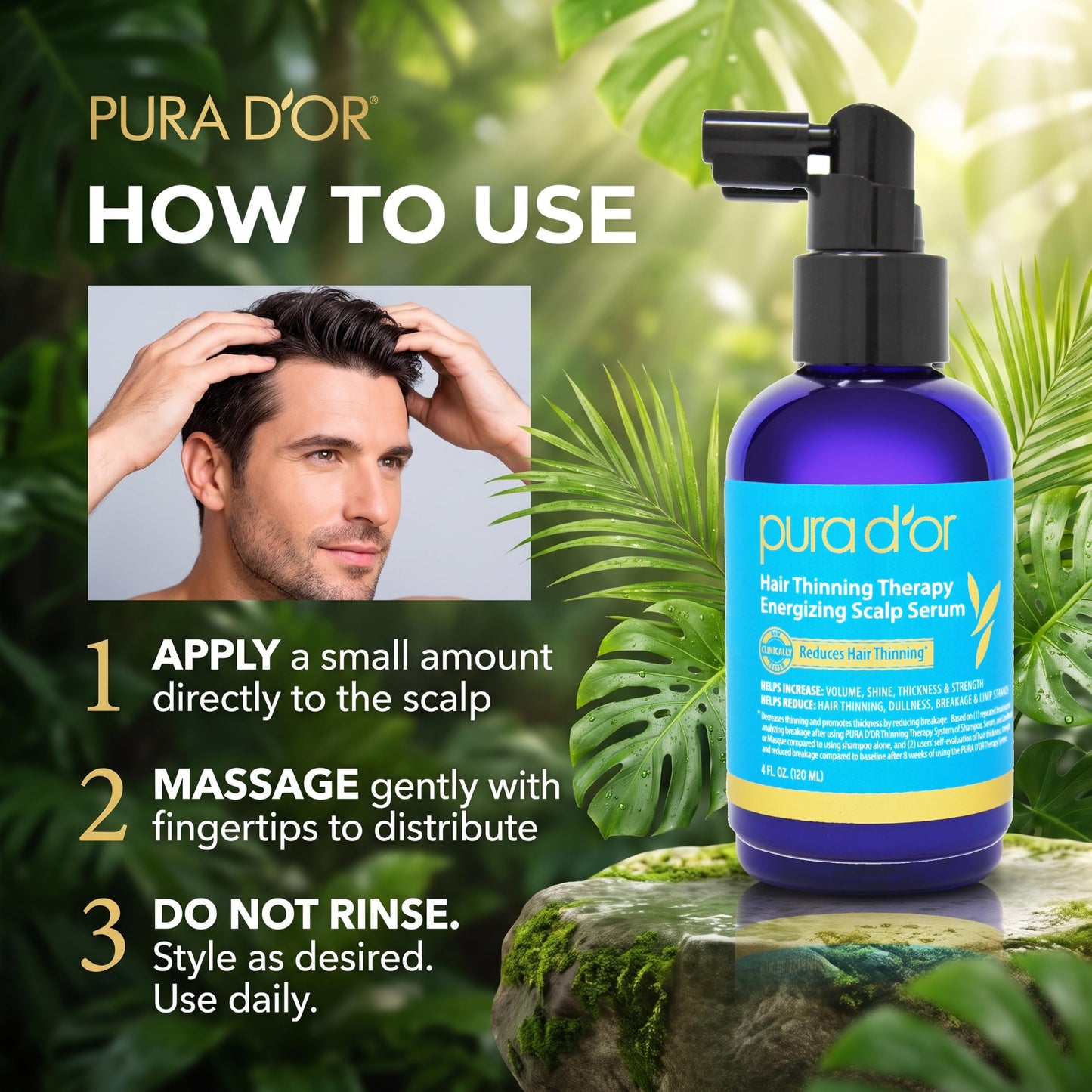 PURA D'OR Hair Thinning Therapy Energizing Scalp Serum 4oz w/Copper Tripeptide, Biotin, Caffeine, Plant Stem Cell, Catalase & DHT Balance, Rosemary Green Tea Leaf Extract, All Hair Types, Men Women