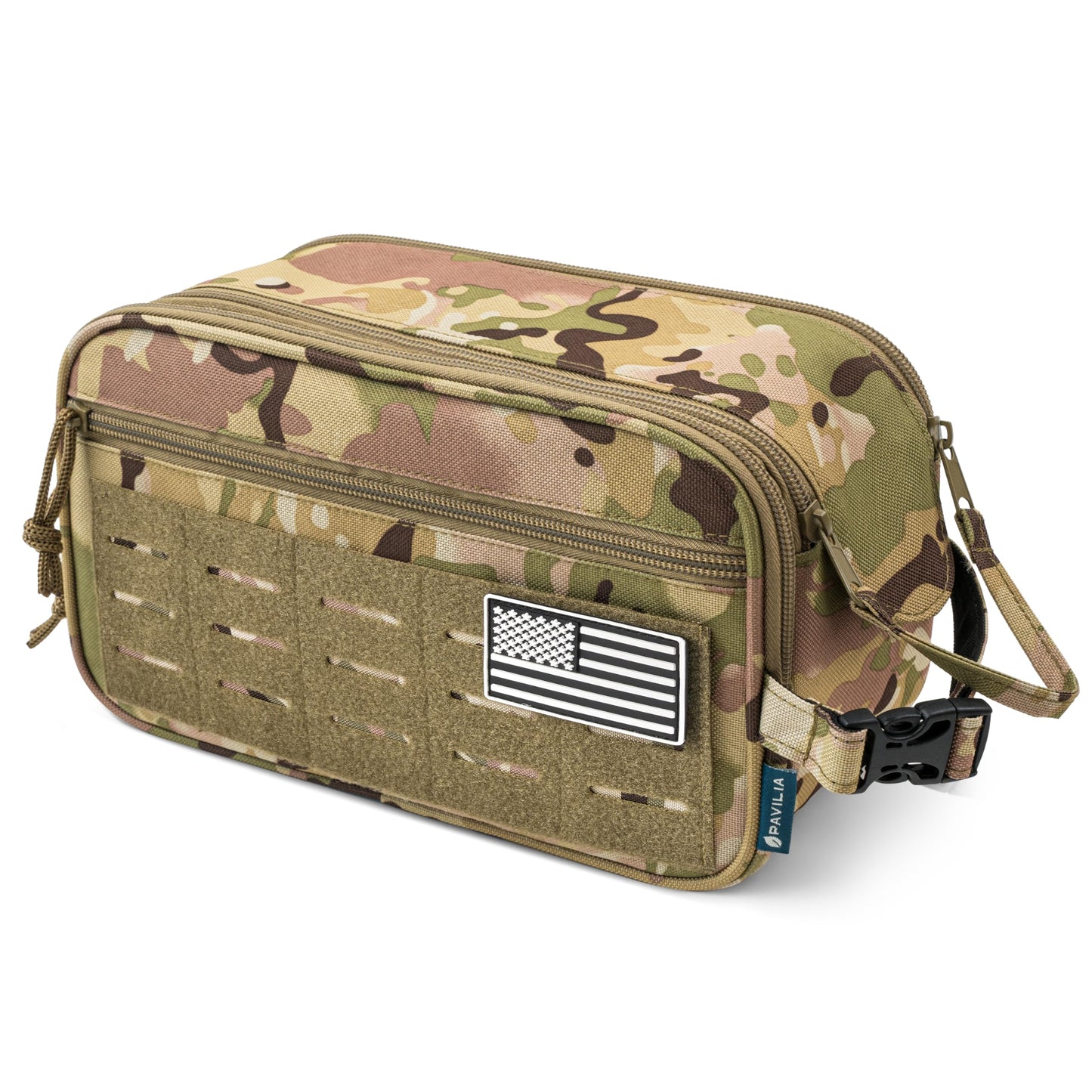 PAVILIA Tactical Toiletry Bag for Men, Water Resistant Molle Military Dopp Kit, Travel Hygiene Organizer with Wet Dry Storage for Shaving, Grooming, Gym and Camping, Camo XL