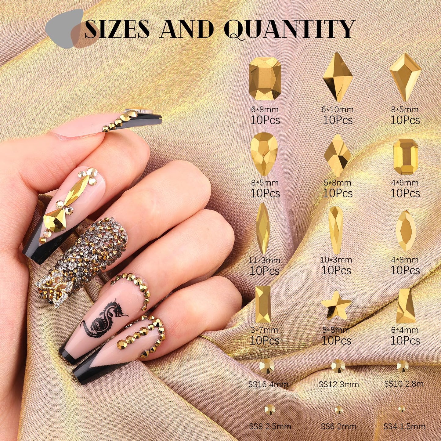 3220Pcs Champagne Gold Nail Rhinestones 120Pcs Multi Shapes Flatback Gems Charms Crystal+3100Pcs 1.5-4mm Round Beads, Glass Diamond Gemstones for Bedazzling Acrylic Nails Decoration