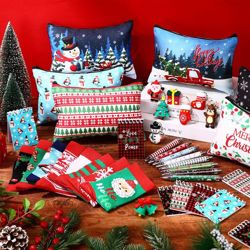 Dansydaisy 32 Pcs Christmas Gifts Set Christmas Makeup Bags Bulk Santa Socks Holiday to Do List Notepad Snowman Ballpoint Pens Keychain Xmas Party Winter Gifts