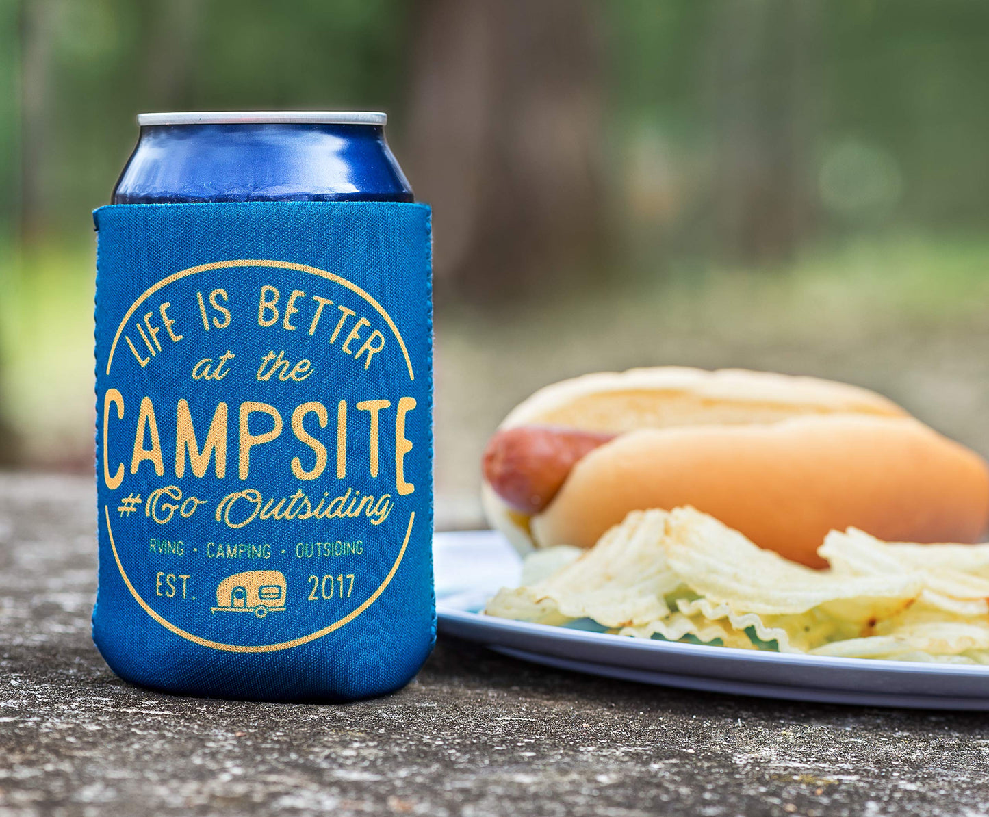 Camco Life is Better at The Campsite Sleeve – Neoprene Soda or Beer Coolie, Fits 12 oz. Cans, Navy Blue and Gold Seal – (53247)