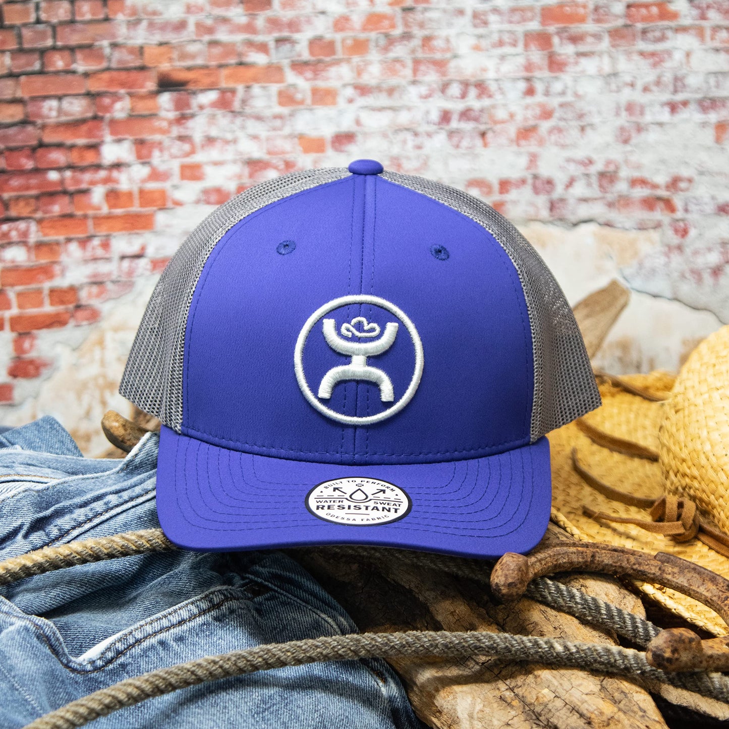 HOOEY O Classic 6-Panel Adjustable Trucker Hat w/Logo (Royal Blue/Grey)