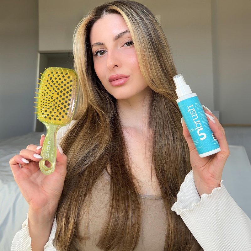 FHI Heat UNbrush Detangling Brush and UNwinder Detangling Spray Combo Pack - Tangle-Free Hair, Pain-Free Brushing, Anti-Static Bristles, Lightweight Hair Brush, Amber Yellow