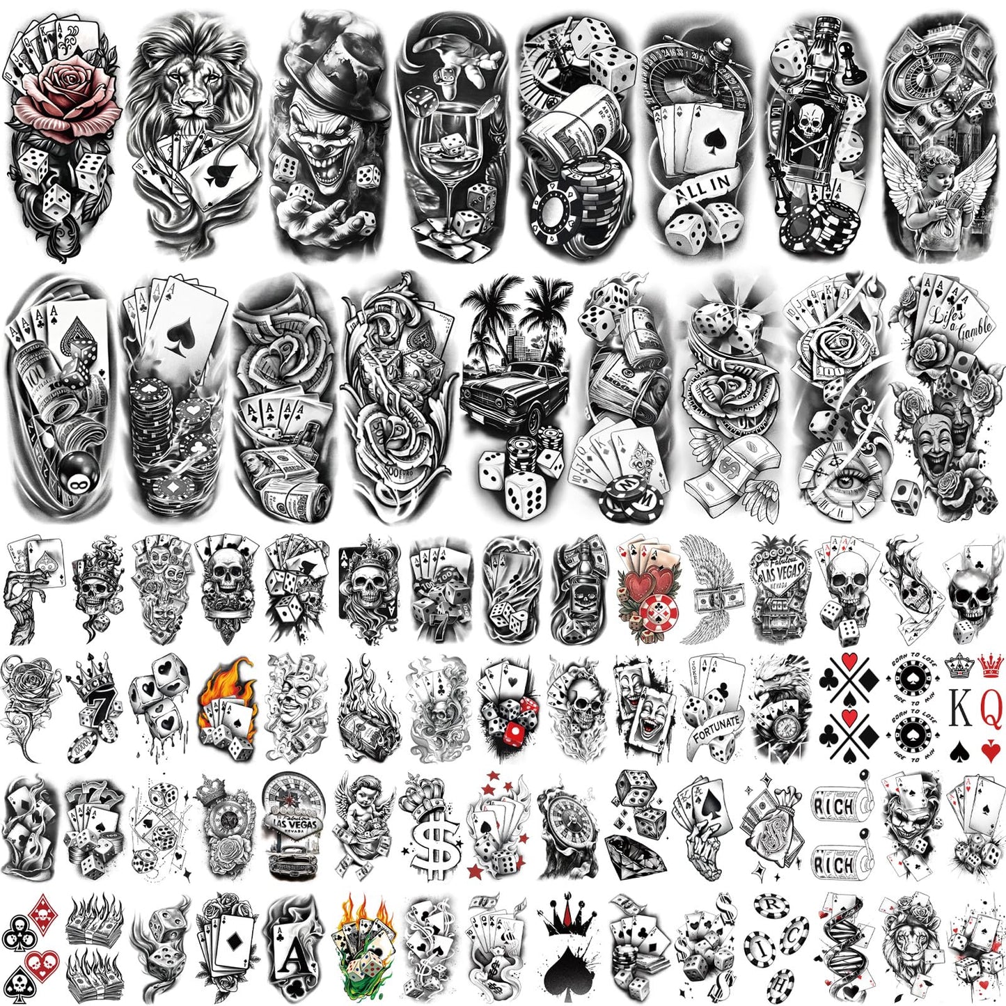Casino Temporary Tattoos (77 Sheets), Fake Tattoo for Adults and Kids, Waterproof Fake Body Tattoo Stickers for Halloween, Parties, Cosplay, Casino Night - Realistic Poker/Dice/Skull/Chicano Designs