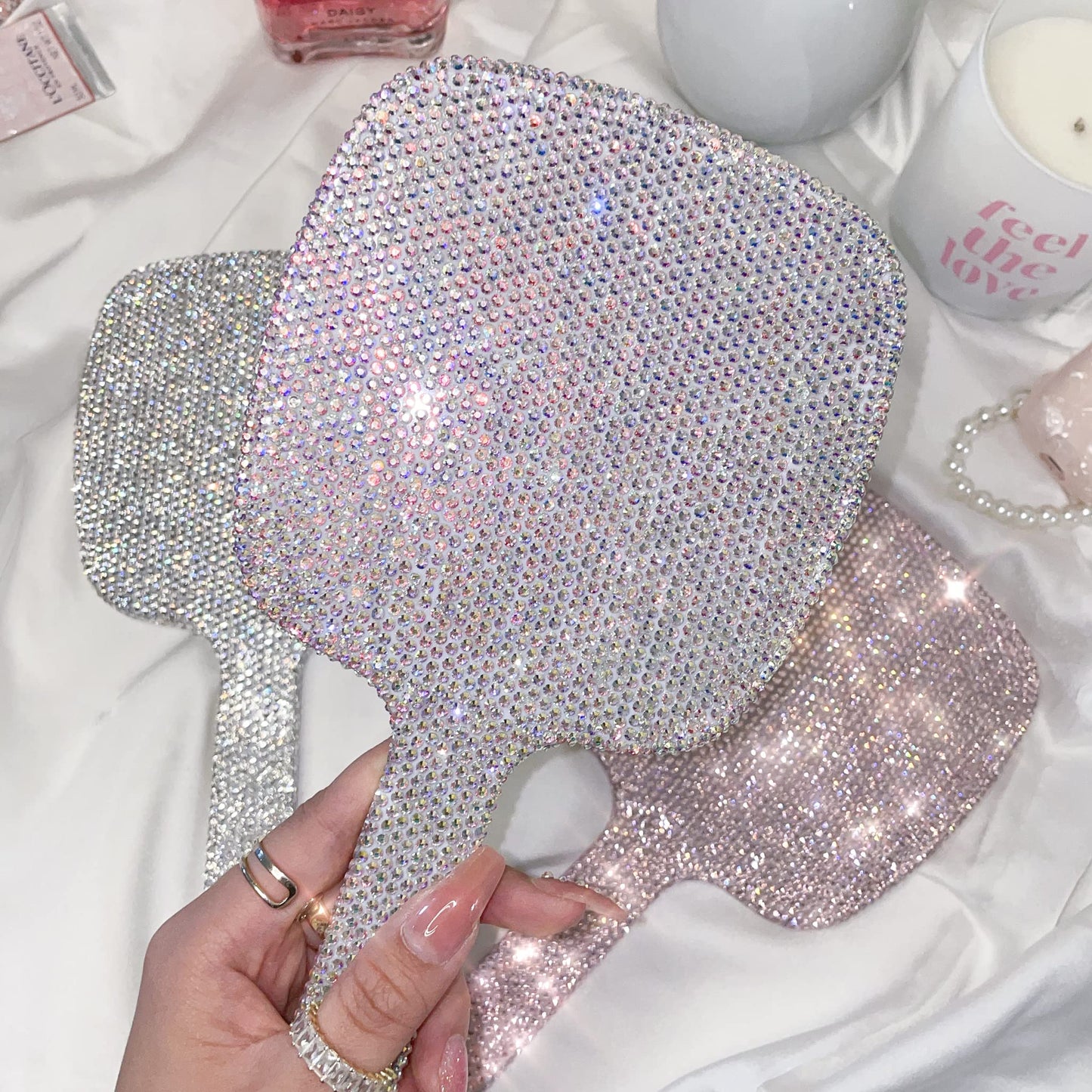TISHAA Bling Handheld Makeup Mirror – Sparkly Crystal Rhinestone Compact Mirror for Women, Cute Portable Vanity Mirror for Travel, Purse, Gift for Her (White AB)
