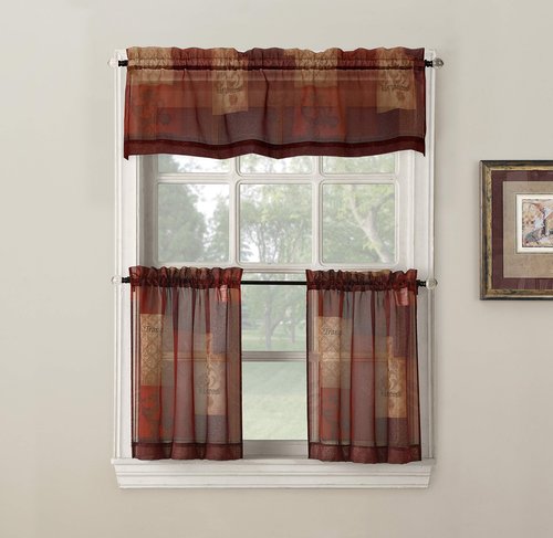 No. 918 Eden Inspirational Patchwork Semi-Sheer Rod Pocket Kitchen Curtain Tier Pair, 56" x 36", Multi