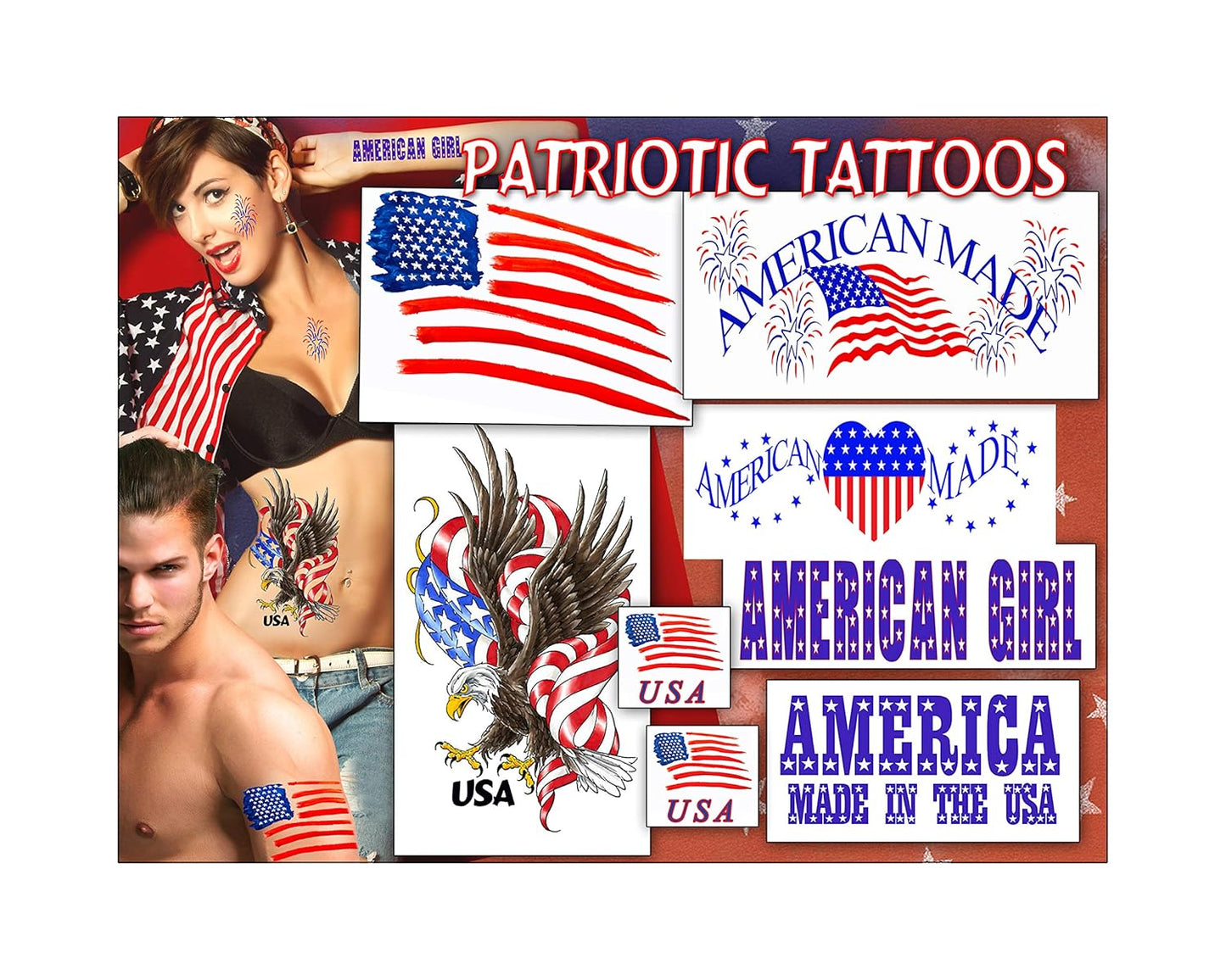 Patriotic Temporary Tattoos - Ultra Realistic Waterproof Designs | Large Pack of 8 for July 4 Celebrations