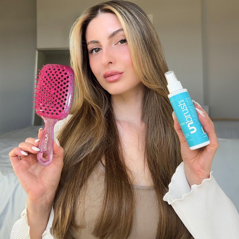 FHI Heat UNbrush Detangling Brush and UNwinder Detangling Spray Combo Pack - Tangle-Free Hair, Pain-Free Brushing, Anti-Static Bristles, Lightweight Hair Brush, Rose Quartz Pink