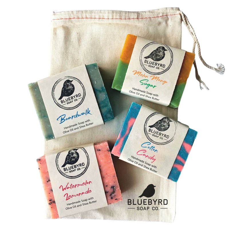 Bluebyrd Soap Co. Natural Kids Soap Bars Variety Pack – 4 Fun Scents: Cotton Candy, Pear Berry, Sea Salt, Watermelon Lemonade – Organic Handmade Teen & Kids Soap Gift Set – USA Made