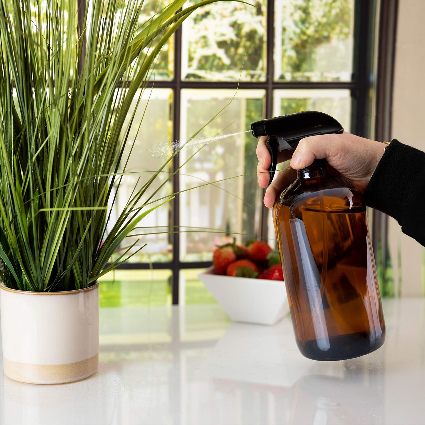 kitchentoolz Large 32oz Amber Glass Gardening Spray Bottles with Funnel - Refillable Trigger Sprayer Container for Plant Misting, Hair Salon, Indoor and Outdoor
