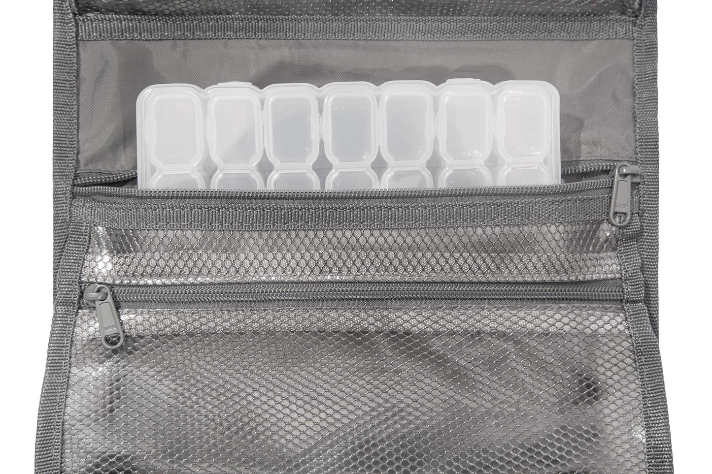 LeanTravel Hanging Toiletry Bag for Travel w/ 5 Pockets & 7 Day Plastic Pill Case Organizer