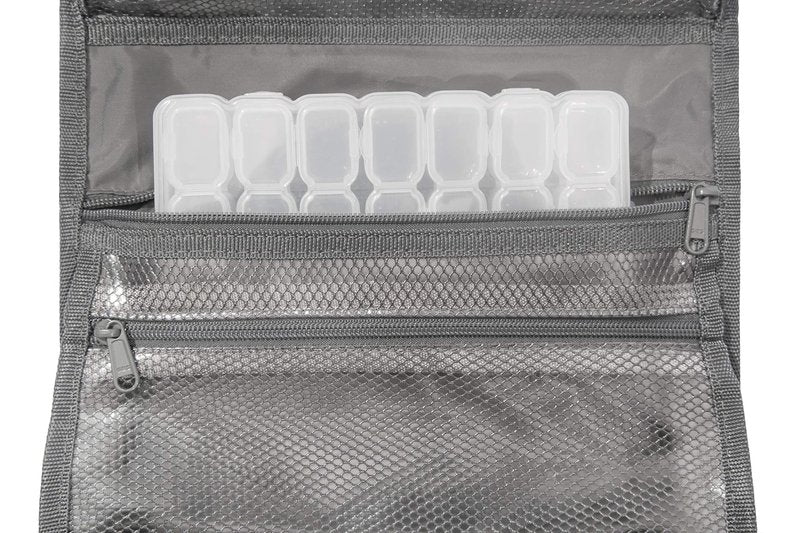 LeanTravel Hanging Toiletry Bag for Travel w/ 5 Pockets & 7 Day Plastic Pill Case Organizer