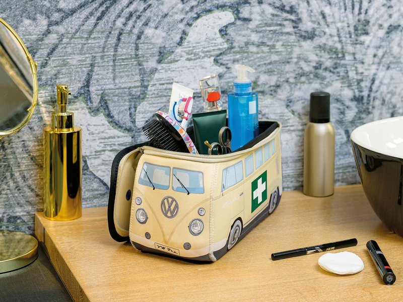 BRISA VW Collection - Volkswagen Neoprene Universal Makeup Cosmetics Toiletry Travel Pharmacy Bag in T1 Bus Design (Ambulance/Beige) (Small (9.1 x 4.3 x 3.1 inches))