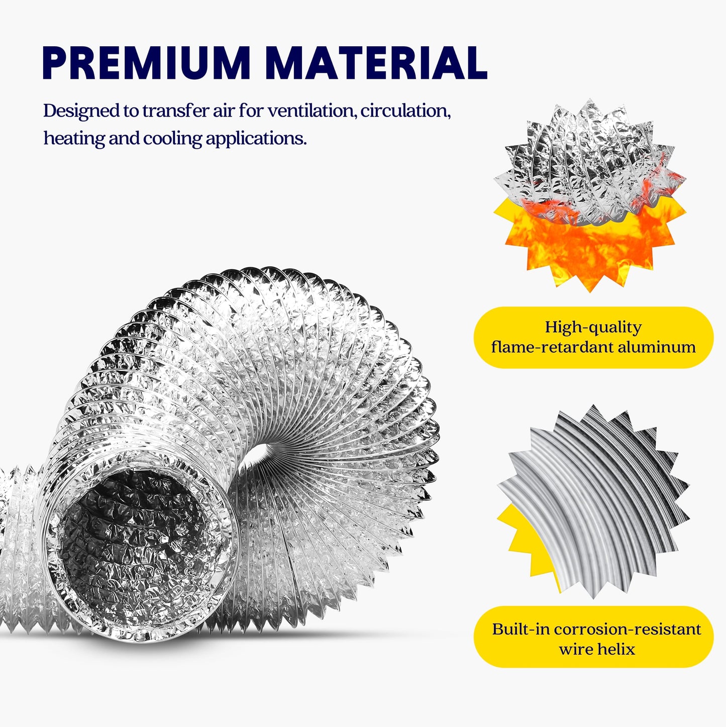 iPower GLDUCT4X8C 4 inch 8 feet Non-Insulated Flex Air Aluminum Foil Ducting Dryer Vent Hose for HVAC Ventilation with 2 Clamps, 4'' X 8', Silver