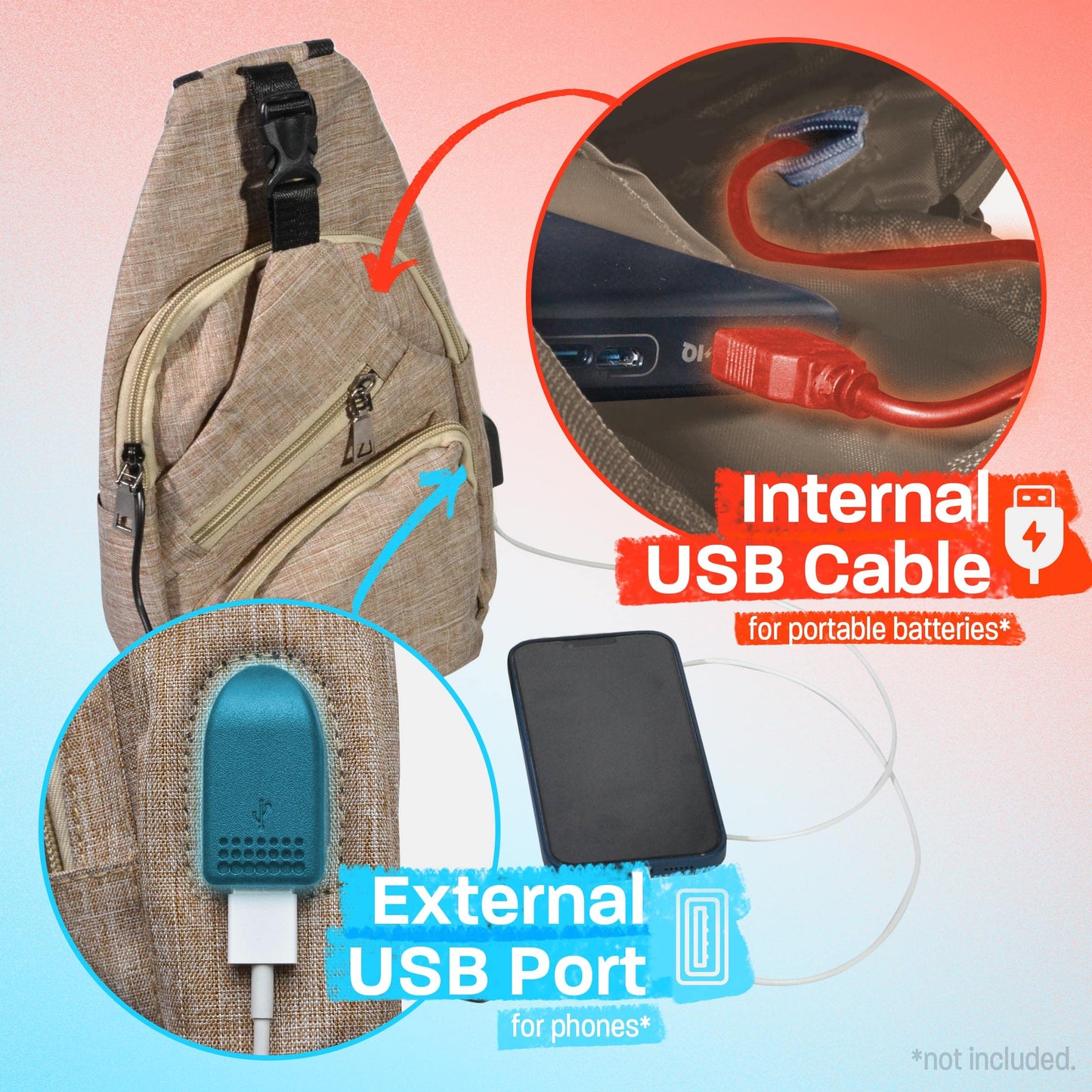 Nupouch Anti-Theft Daypack Crossbody Sling Backpack, USB Charging Connector Port, Lightweight Day Pack for Travel, Hiking, Everyday, Regular, Navy