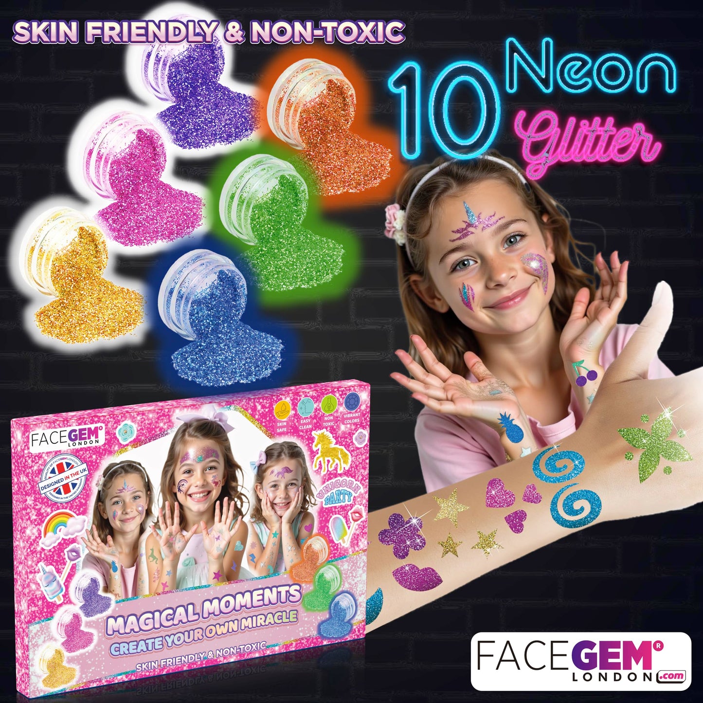 40 Colour - Glitter Tattoos for kids, Glitter tattoo kit, Temporary Tattoos for kids, Face glitter, 200+ Stencils, 40 Colour (10 neon), Rhinestones, Girls birthday present, Face Glitters