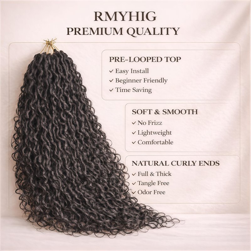 8 Packs Goddess Locs Crochet Hair for Black Women, 18 Inch Human Hair Mix Synthetic Pre-looped Boho Faux Locs with Curly Ends Long River Crochet Hair for Black Women Hair Extensions(1B,18 Inch)
