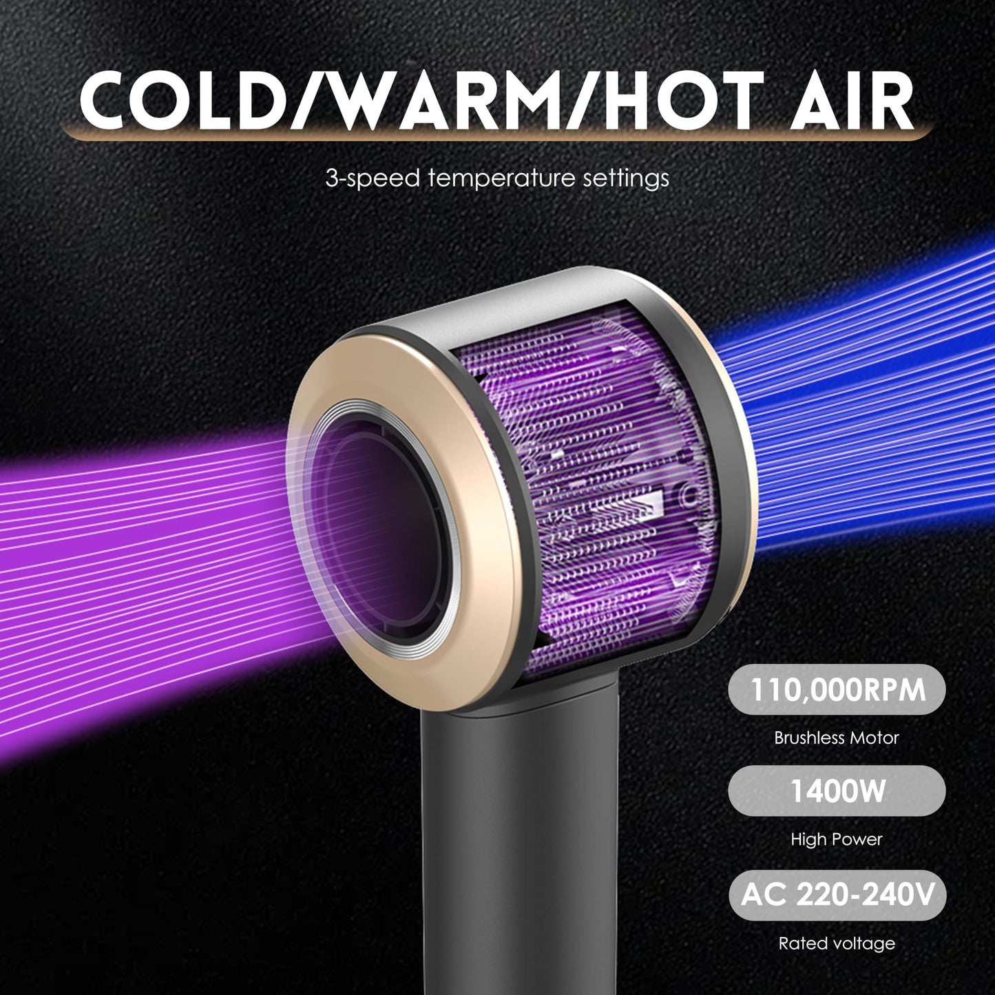 Diffuser Hair Dryer, Secador de pelo Profesiona, Lescolton Ionic Blow Dryer with High Speed 110, 000 RPM Brushless Motor for Fast Drying, Intelligent Thermo-Control Hair Dryer with 4 Attachments (097)