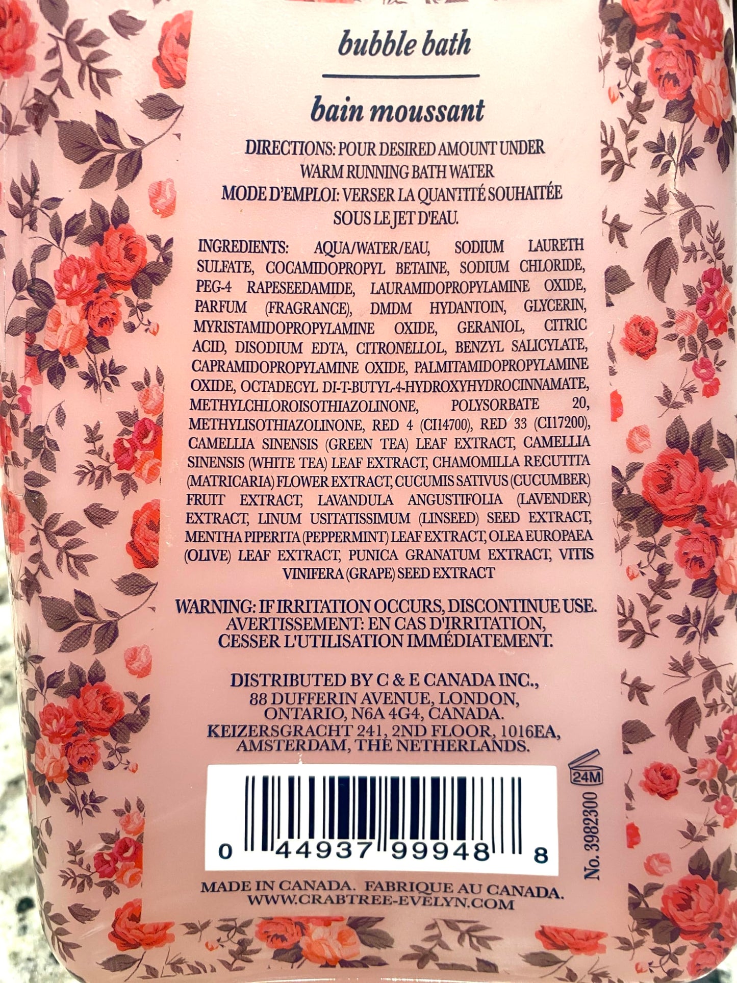 Crabtree & Evelyn Rosewater Bubble Bath Shower Gel 21.9 oz