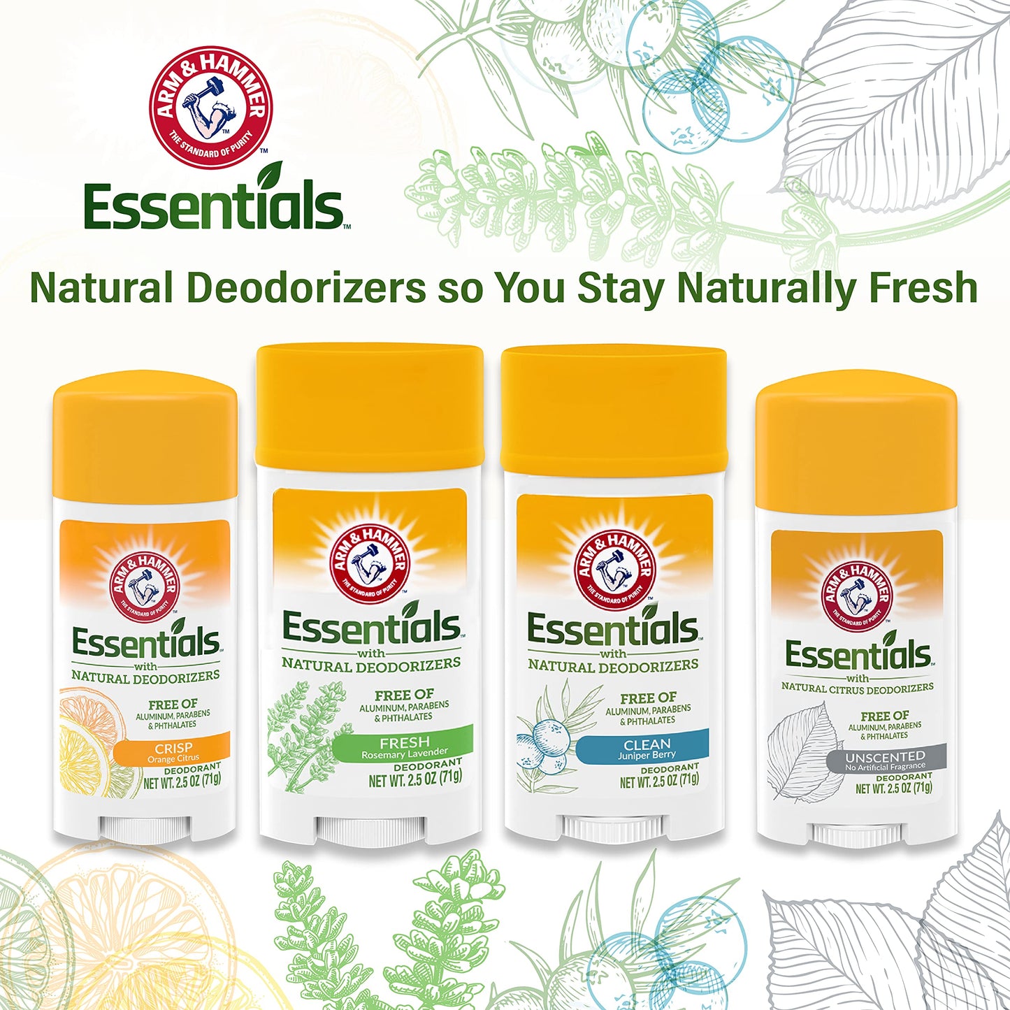 ARM & HAMMER Essentials Natural Deodorant Unscented 2.50 oz (Pack of 8)