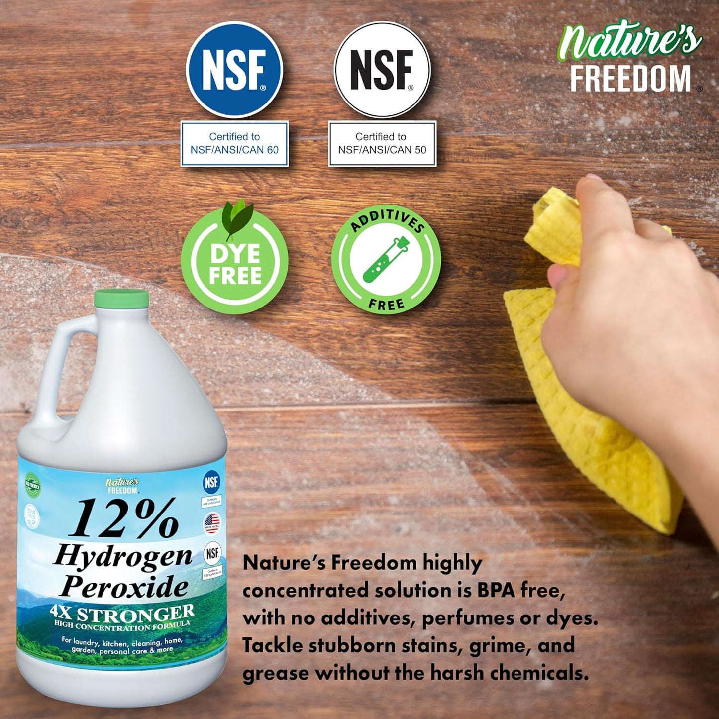 Nature's Freedom Hydrogen Peroxide 12% - Food Grade H2O2 | 4 Gallons of Purified Water
