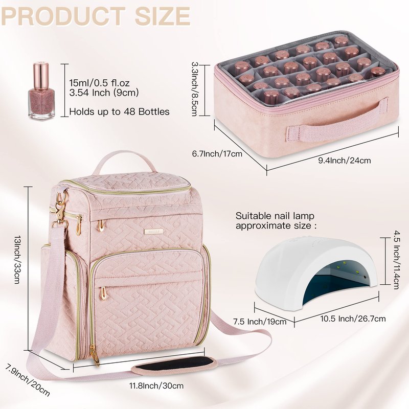 BEGULF Multi-Pockets Nail Polish Organizer Case with UV Light Storage, Nail Organizers and Storage for Nail Tech with Protective Side Pocket, Gel nail bag organizer Hold 48 Bottle (Pink)