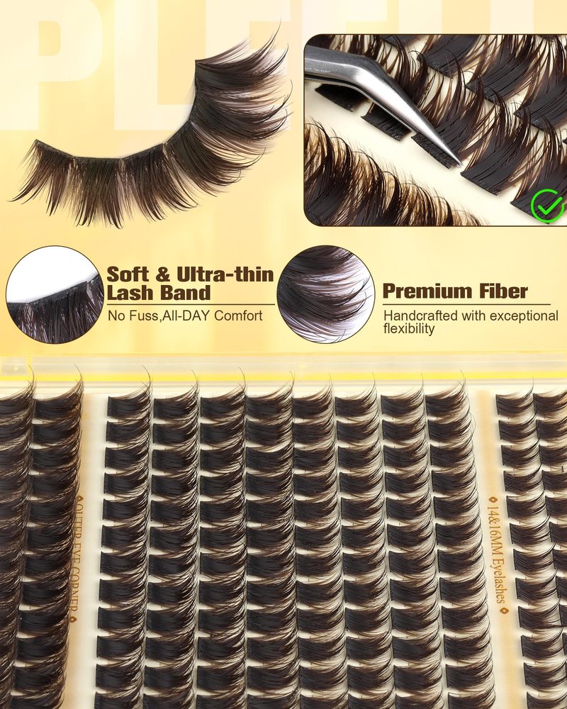 Brown Lash Clusters With Spikes More 14/16mm Volume Eyelash Clusters Wispy Fluttery Cluster Eyelashes Extensions Fairy Cluster Lashes Manga Individual Lashes by Pleell (D Curly, 144PCS, 12-18MM)