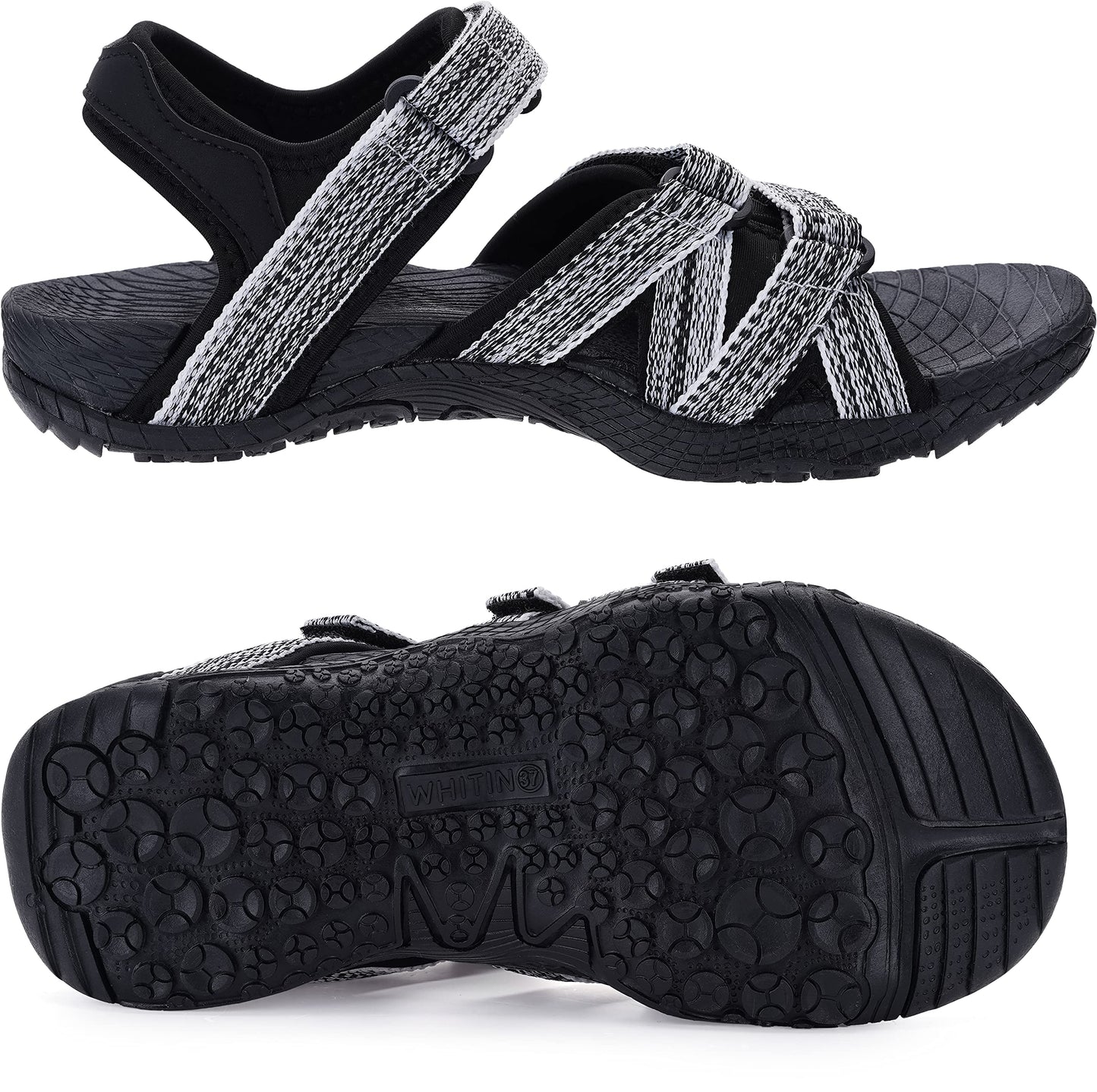 WHITIN Women's Hiking Sandals with Arch Support Plantar Fasciitis Sole Sport Size 7 Traps Adjustable Hooks Camping Resistant Soft WhiteMulti 37