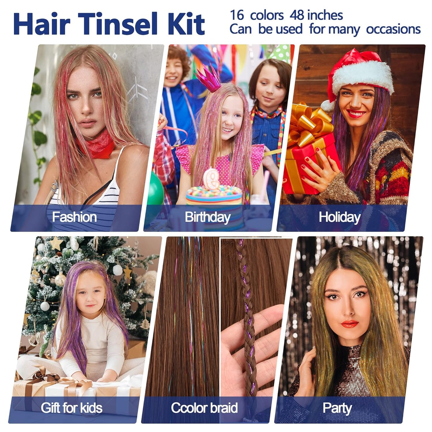 16 Colors Hair Tinsel Kit, ELASO 48 Inches 3300 Strands Tinsel Hair Extensions, Fairy for Christmas Halloween Cosplay Party, Highlights Sparkling Glitter Hair