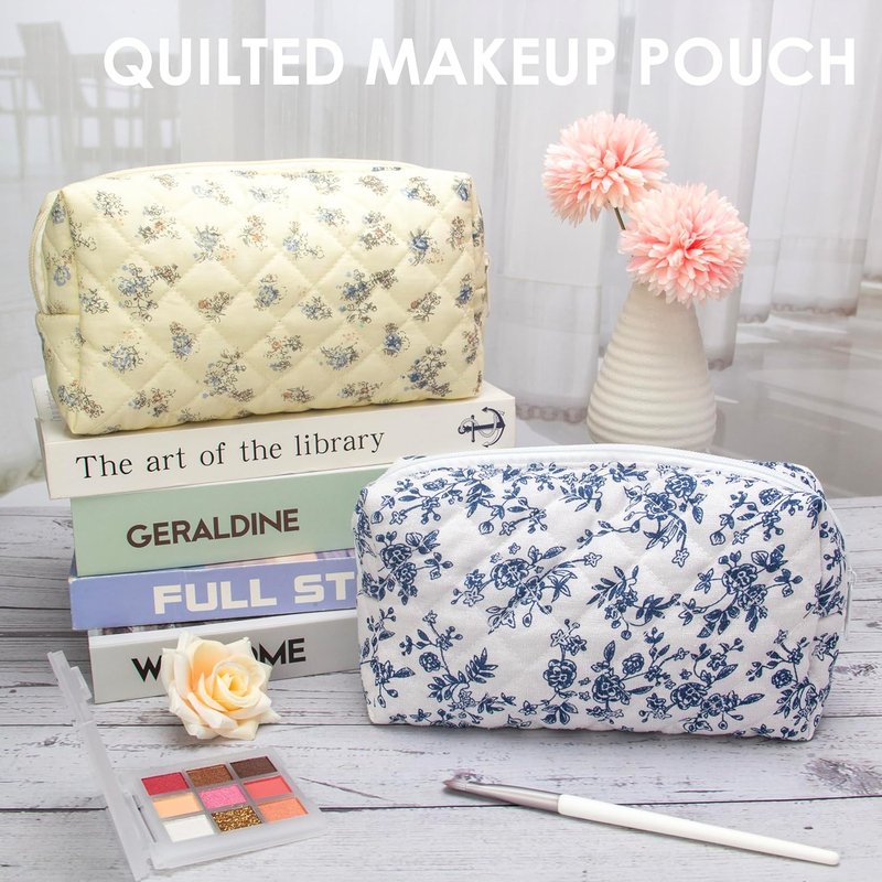 Vintage Quilted Makeup Bag Set - 6PCS Cosmetic Pouches for Brushes & Travel Accessories | Jouy Blue