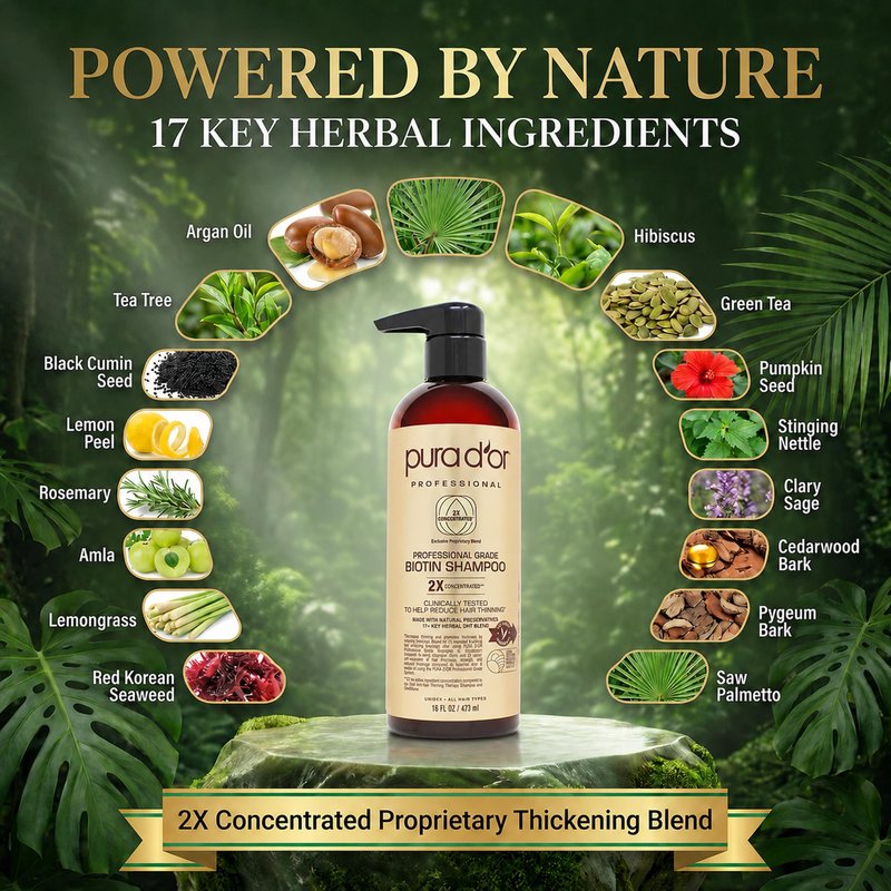 PURA D'OR Clinically Formulated Biotin Shampoo - Daily Hair Care Routine For Thinning Hair - 2X Concentrated 17+ Key Herbal Blend Hair Thickening Products For Women & Men, Botanical Zen Scent 16 Fl Oz