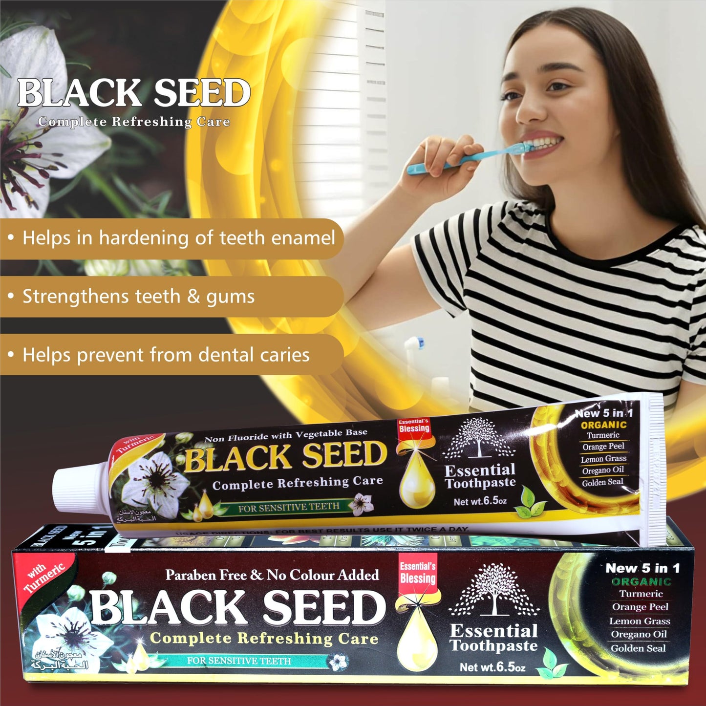 Organic Black Seed Essential Toothpaste 5 in 1 100% Fluoride Free & Vegetable Base for Sensitive Teeth.