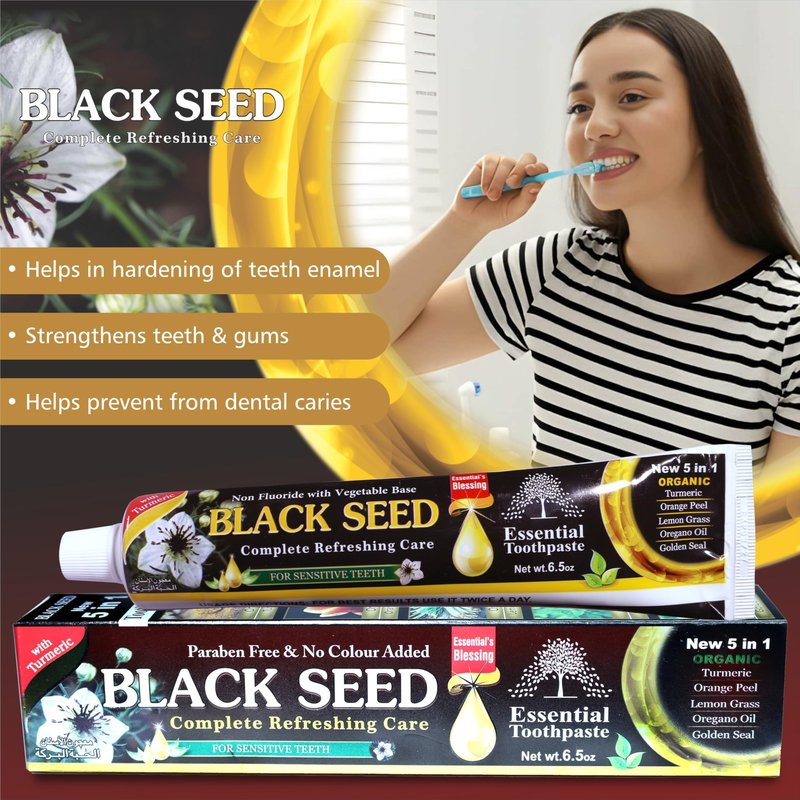 Organic Black Seed Essential Toothpaste 5 in 1 100% Fluoride Free & Vegetable Base for Sensitive Teeth.