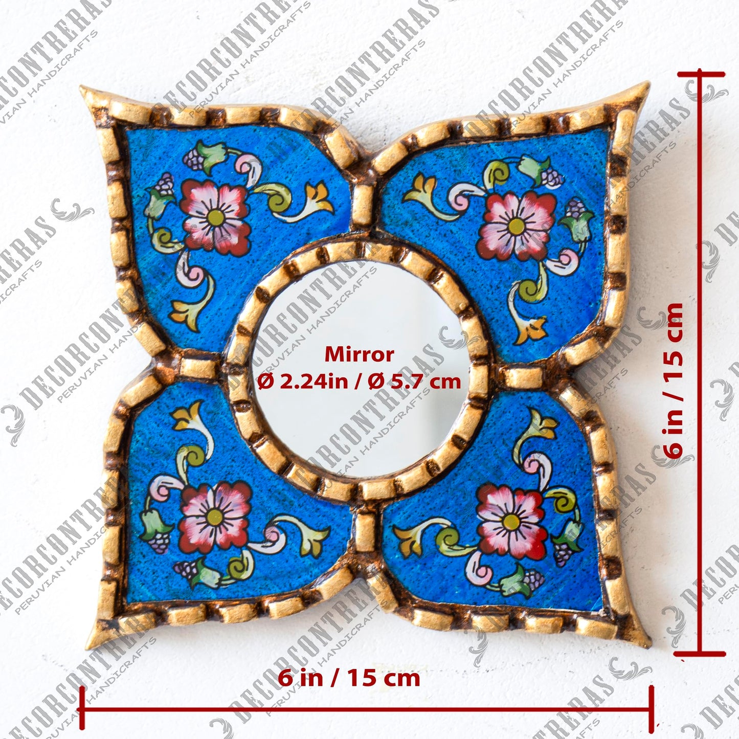 DecorContreras Peruvian Painted Glass Mirror with Bronze Leaf Framed - Handmade Diamond Mirror 6in for Gallery wall (Blue)